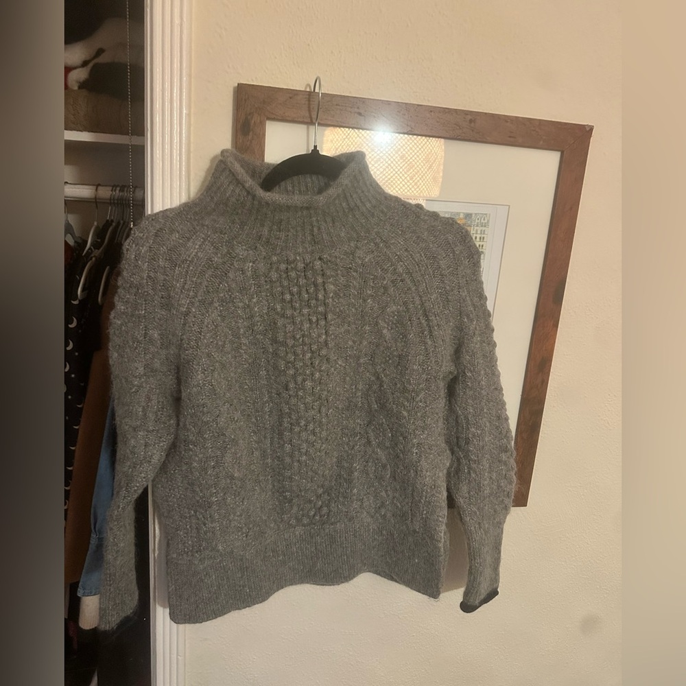 Alex Mill Kamil Wool Alpaca Fisherman Cable Sweater Women's Gray Side Slits Soft